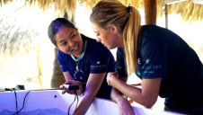 Dr Megan Morikawa (left) at Iberostar's first coral nursery. A second nursery is due to open this year.